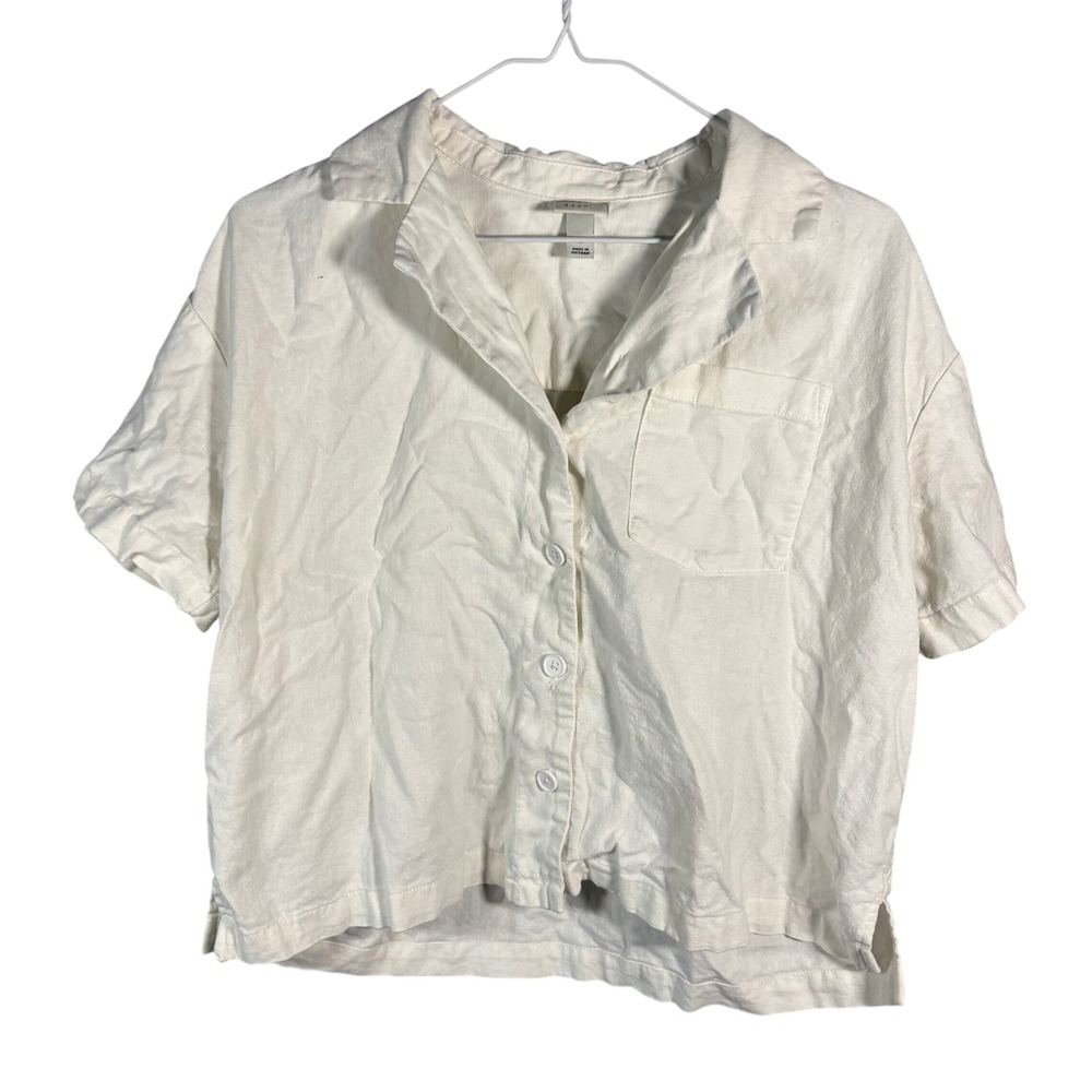 Linen Blend Button Down Shirt Coastal Fisherman Small White Short Sleeve Pocket